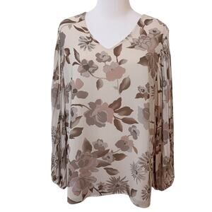 BELLE KIM GRAVEL Dressy Blouse Top M Pleated Sleeve Floral Office Career Cottage